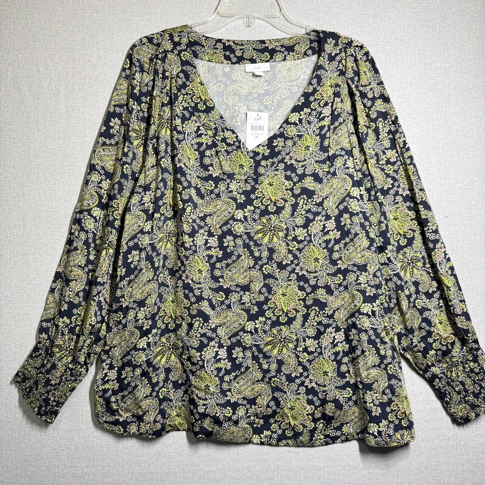 J. Jill Blouse Womens XL Blue Paisley V Neck Long Sleeve Tunic Top Boho